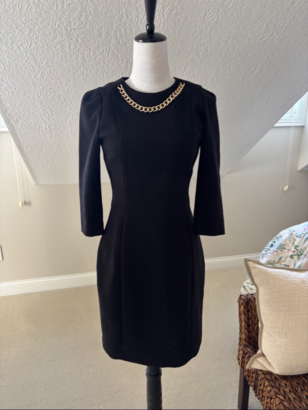 H&M Black Long-Sleeve Sheath Dress with Gold Chain
